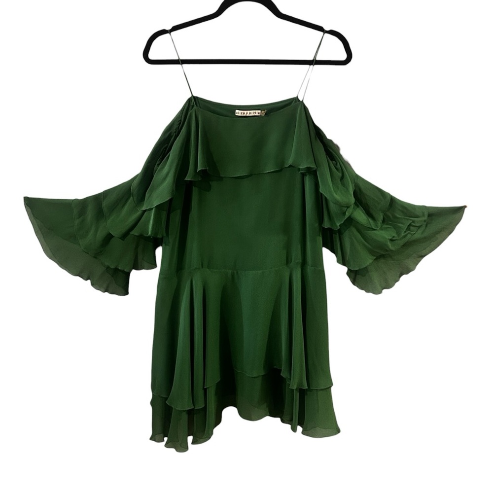 Alice + Olivia Ilaria Ruffle Cold Shoulder Silk Dress Green tiered layers size 6